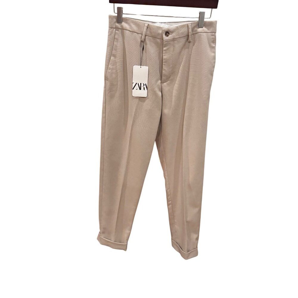 Zara‎ Mens Slim Fit Textured Dress Pants Tan Beige Cuffed Trousers 0706/229/704